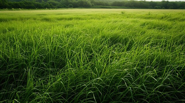 A picturesque landscape of vibrant green wheatgrass and sweet hierochloe swaying in the warm summer breeze on a vast field, creating a serene outdoor paradise for agriculture and grazing