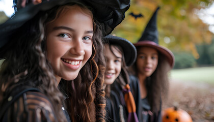 Fototapeta premium teens disguised as witches and wizards for halloween, children celebrating hallowing