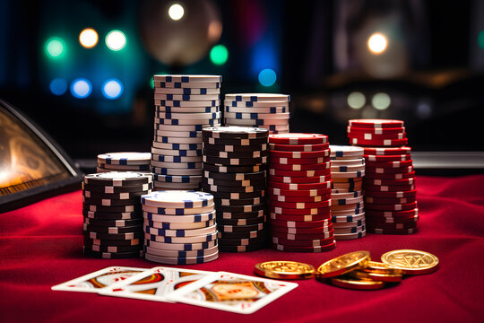 A pile of casino chips and a pack of playing cards in front of a player on a casino table. Poker card game, Blackjack.