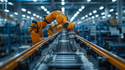 An unmanned automatic factory production robot performs manufacturing in the factory. - obrazy, fototapety, plakaty
