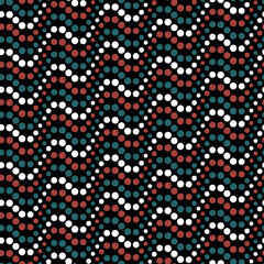 Seamless repeating pattern with parallel wavy dotted lines made of small red, blue, and white circles on a black background. Retro geometric style. Vector illustration.
