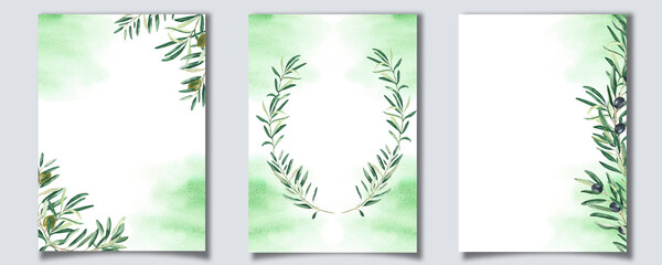 Set of floral background card template with black and green olive branches and watercolor splashes. For save the date, greeting, rustic wedding card and cover design.