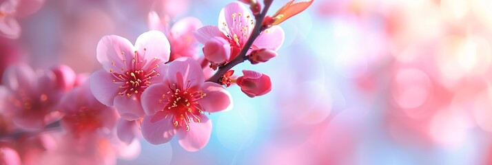 Pink Blossom Branch in Soft Focus with Spring Bokeh Background