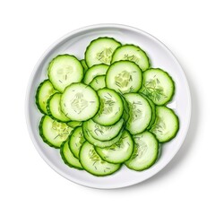 Top view on dish with slices of cucumber isolated on white background.
