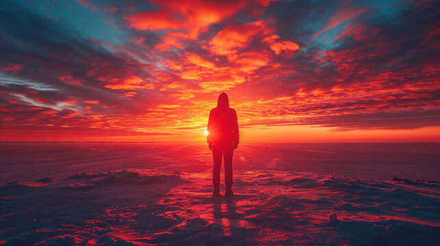 Feelings of hope, power and freedom in nature. Young man standing in a field with arms up feeling the rays on the warm sunshine light. Mind body spirit concept.
