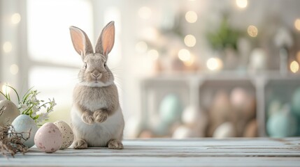 Cute Easter bunny on cozy indoor background, greeting card template.