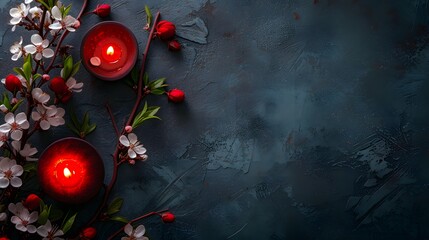 Aromatic Ambiance with Red Candles and Blossoms