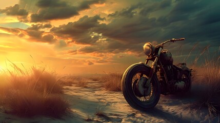 Vintage Motorcycle Resting in a Golden Sunset Field