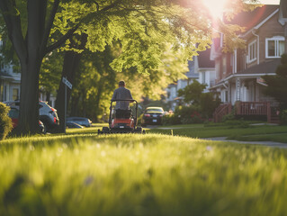 A Photo Of A Person Using An Electric Lawnmower In A Small City Lawn