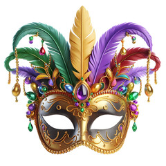 happy festival mardi gras Carnival elegant golden party face mask with diamond feather 3d illustration front view isolated on transparent background