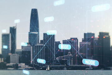 Double exposure of abstract creative programming illustration on San Francisco office buildings...