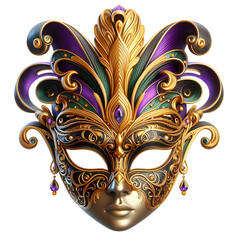 mardi gras festival Carnival elegant golden party female face mask with pink diamond and green feather 3d illustration front view isolated on transparent background