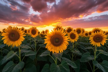 Obraz premium Sunset Over Vibrant Sunflower Field