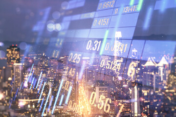 Double exposure of virtual creative financial diagram on San Francisco office buildings background, banking and accounting concept