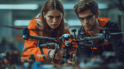 A group of university students engaged in the construction and assembly of a drone, working on its development