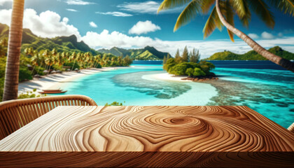 empty wooden table with beautifully Fiji  background