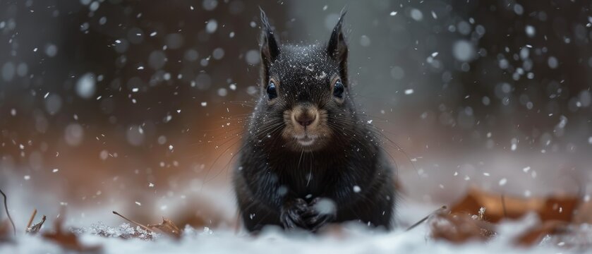 Black Squirrel in Snowfall. Generative AI.