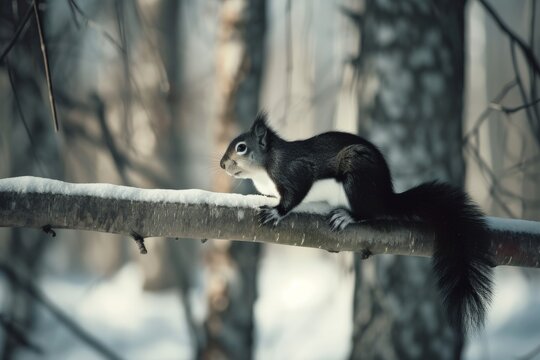 Black Squirrel on a Snowy Perch. Generative AI.