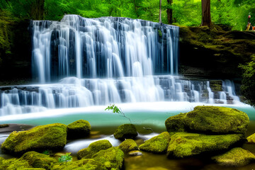 Waterfall and stream in the forest and jungle with mountain, garden in the park, summer