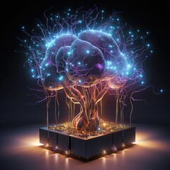 Digital human Brain with shinning neurons, white background - obrazy, fototapety, plakaty