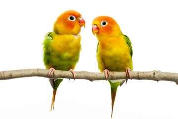 Obraz premium two birds sitting on a branch among white background, in the style of kawaiipunk, rainbowcore, light amber and green, post processing, wimmelbilder, shaped canvas, dignified poses