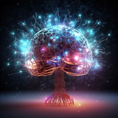 Digital human Brain with shinning neurons, white background