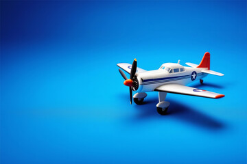 Model plane, airliner, airplane on blue background. travel and transportation concept. toy plane on blue paper background with space, minimal style. Travel and vacation concept