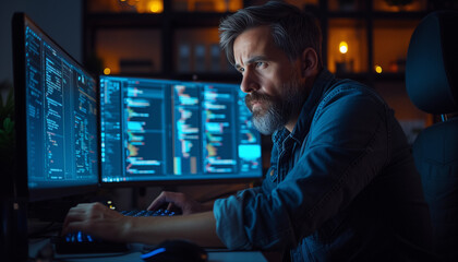 Bearded man programmer working on computer, coding software. Blured light on background. Day programmer