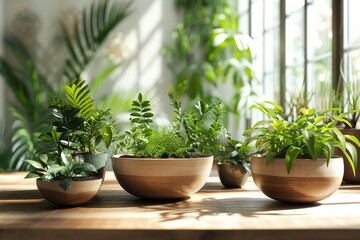 Set of bowls with loamy soil and various plants on table - obrazy, fototapety, plakaty