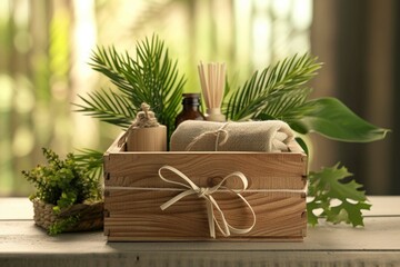 Set of eco products in wooden present box