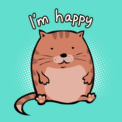 Fat red tabby cat. Fed up pet. Funny happy character. Cartoon vector illustration doodle. Hand drawn sketch