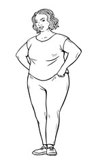 A fat woman in a tracksuit. Care of body and figure. Diet, sports and health. Cartoon vector illustration black and white. Hand drawn outline sketch