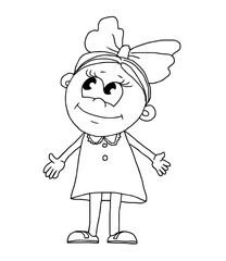 Portrait of a little happy girl. A smile on his face. Vector cartoon illustration of a child. Black and white sketch. Outline hand drawn ink