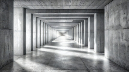 Futuristic Tunnel with Light: Concrete Corridor, Architectural Design, Dark Perspective, Urban Underground Space, Abstract Background