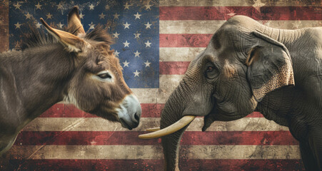 Donkey and Elephant with American Flag, Political Party Representation, Generative AI - obrazy, fototapety, plakaty