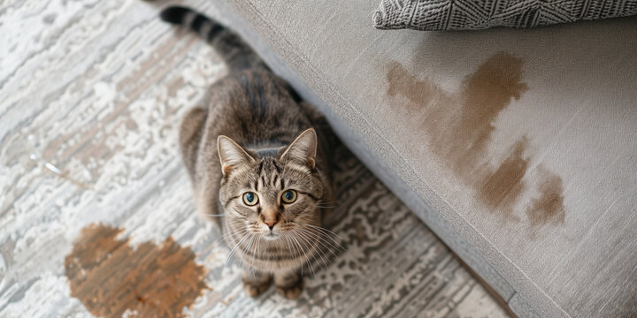 Katze hat auf die Couch gepinkelt und sitzt daneben
