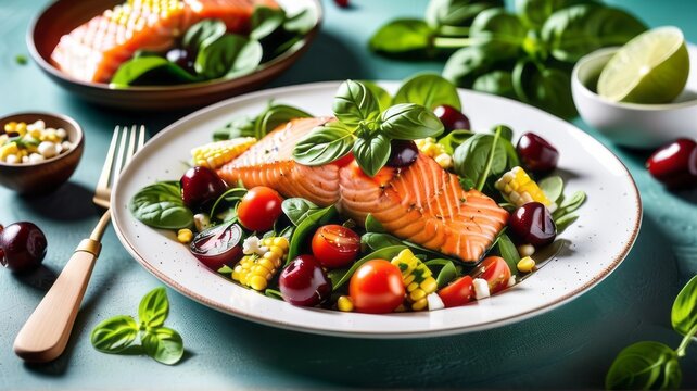 Indulge in culinary journey with this delectable image, where a perfectly grill fish steak takes center stage, accompanied by vibrant vegetables, creating a mouthwatering salad for delightful lunch