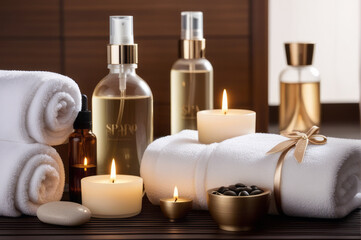 Fototapeta na wymiar Spa equipment set with soft lights emphasis on a luxurious and clean atmosphere. Spa products are placed in the spa room. Luxurious resort. Towel with herbal bag and beauty treatments