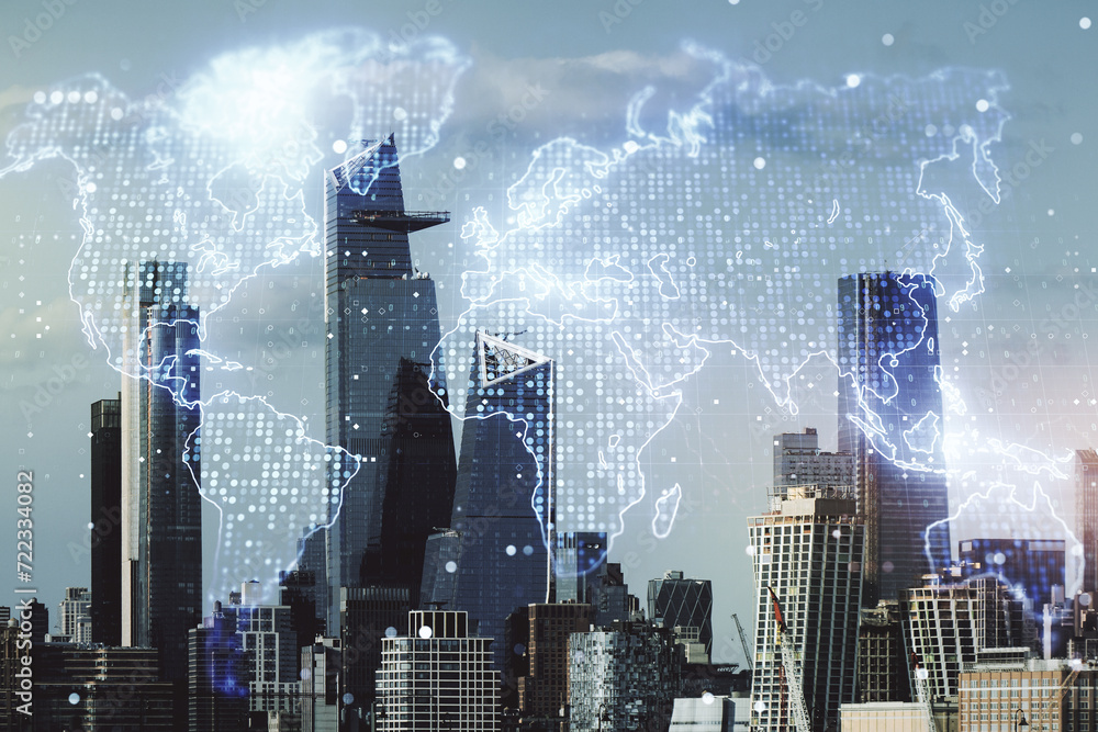 Aufkleber multi exposure of abstract graphic world map on manhattan cityscape background, big data and network