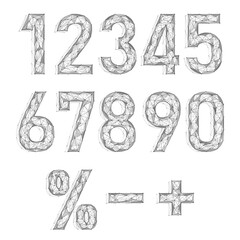 Numbers and symbols consisting of interconnected lines and dots. Polygonal design. White background.