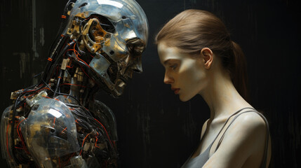 Lifelike female android faces robot. Human and cyborg confrontation concept