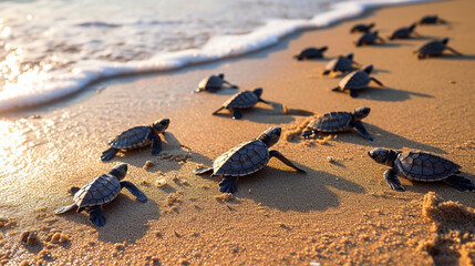 Baby turtles on the sandy beach and crawl to the ocean - obrazy, fototapety, plakaty