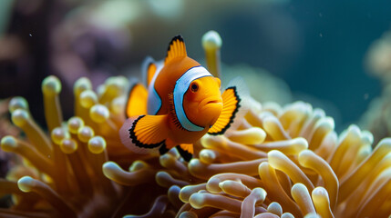Naklejka na ściany i meble orange clown fish swimming in a sea anemone