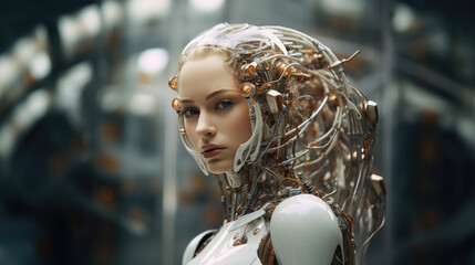 Portrait of female android with intricate circuits and metallic framework head