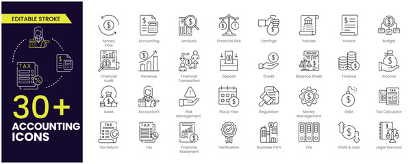 Accounting Editable Stroke icon set. Containing financial statement, accountant, financial audit, invoice, tax calculator, business firm, File, tax return, Financial Statement and income. Outline icon
