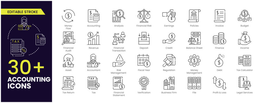 Accounting Editable Stroke icon set. Containing financial statement, accountant, financial audit, invoice, tax calculator, business firm, File, tax return, Financial Statement and income. Outline icon