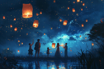 Magical Lantern Release Night Illustration.
An enchanting illustration of a family releasing lanterns into a starry sky, reflecting over calm waters. - obrazy, fototapety, plakaty