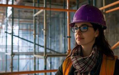 Woman Wearing Hard Hat and Glasses at Construction Site