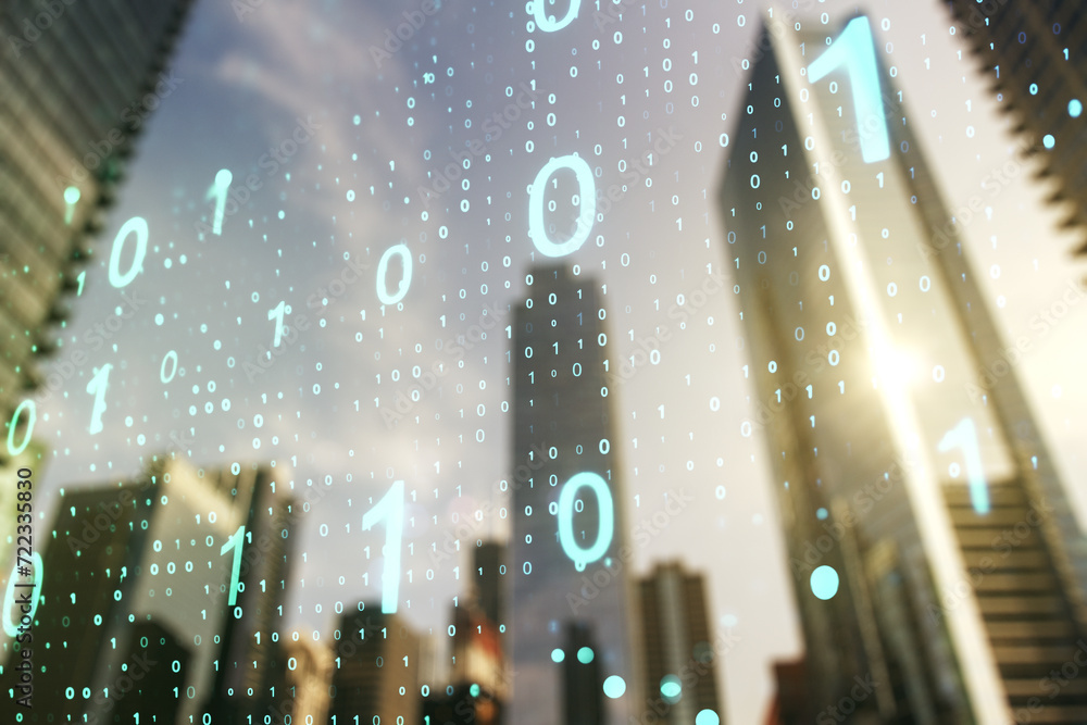 Aufkleber abstract virtual binary code sketch on blurry cityscape background, hacking and matrix concept. mult