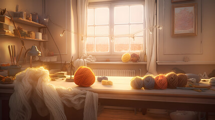 "Cozy Afternoon Knitting: Sunlit Wool and Comfort" AI-Generative